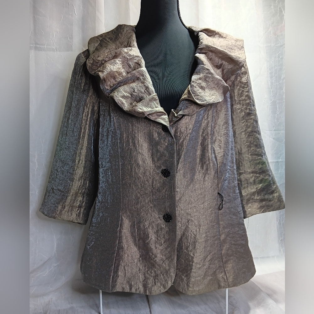 R&M Richards Women's Iridescent Gold Metallic Ruffled Collar Jacket Size 16